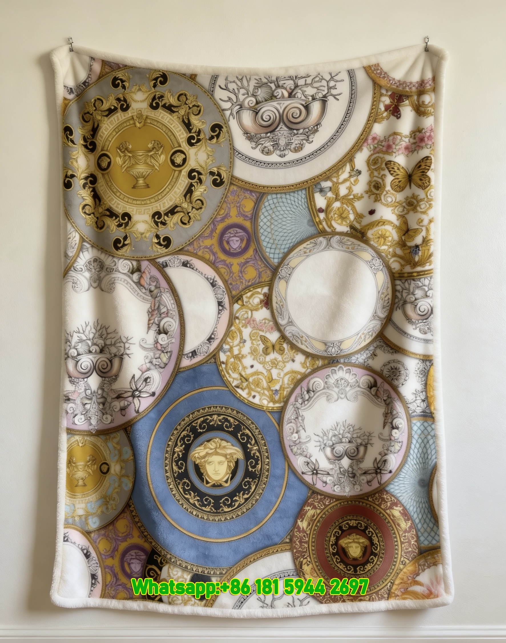 Versace Multicolor Gold and Blue Medusa Plate Collage Flannel Throw Blanket IMG_1498